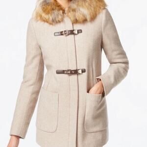 Calvin Klein NWT Tan Herringbone Wool Coat Faux Fur Hood Size L